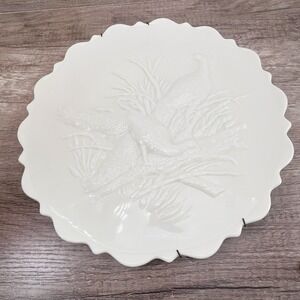 L G Wright Peacock Vaseline Custard Milk Glass Cake Plate w/ Northwood Trademark